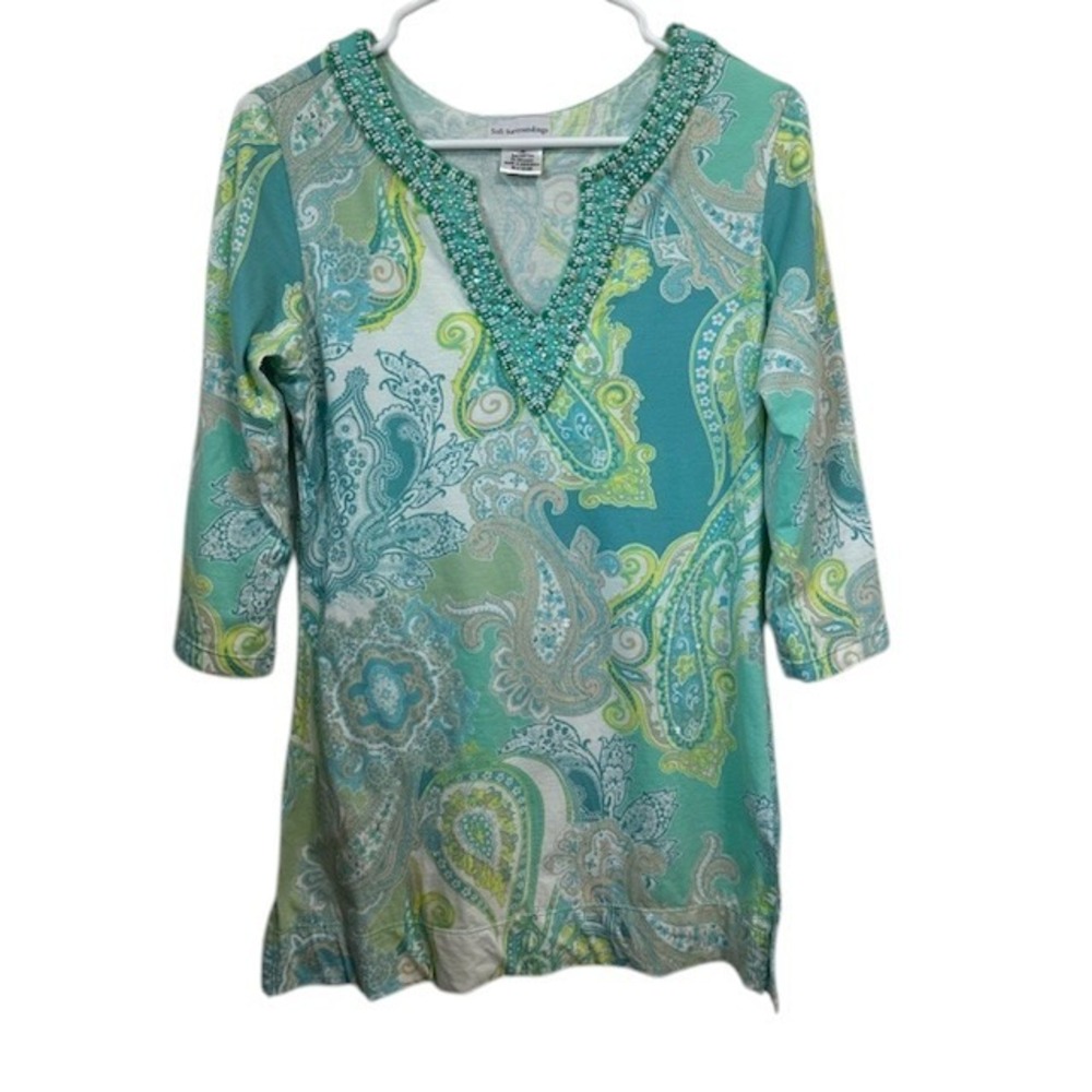 Soft Surroundings Paisley Beaded Tunic Top 3/4 Sleeve Casual Sz‎ XS